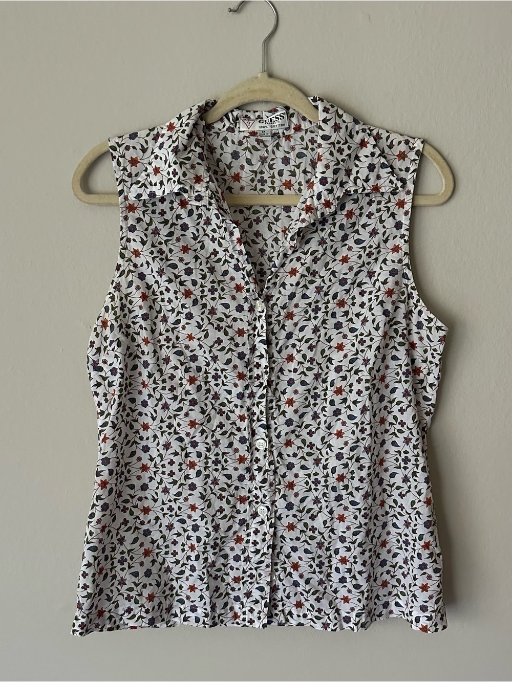 Guess Vintage Floral Sleeveless Button Down Collar Shirt Medium